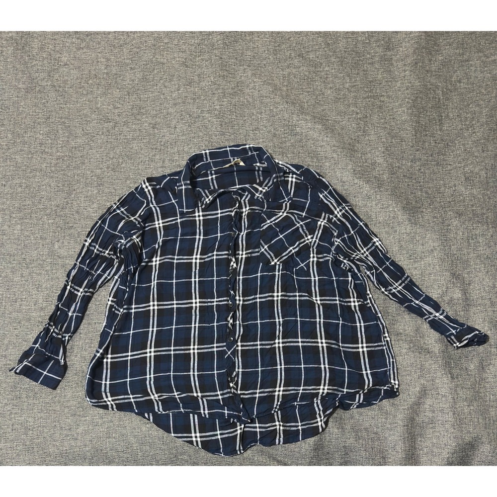 Terra & Sky Women's 2X Button Up Plaid Shirt Navy Blue Long Sleeve Viscose